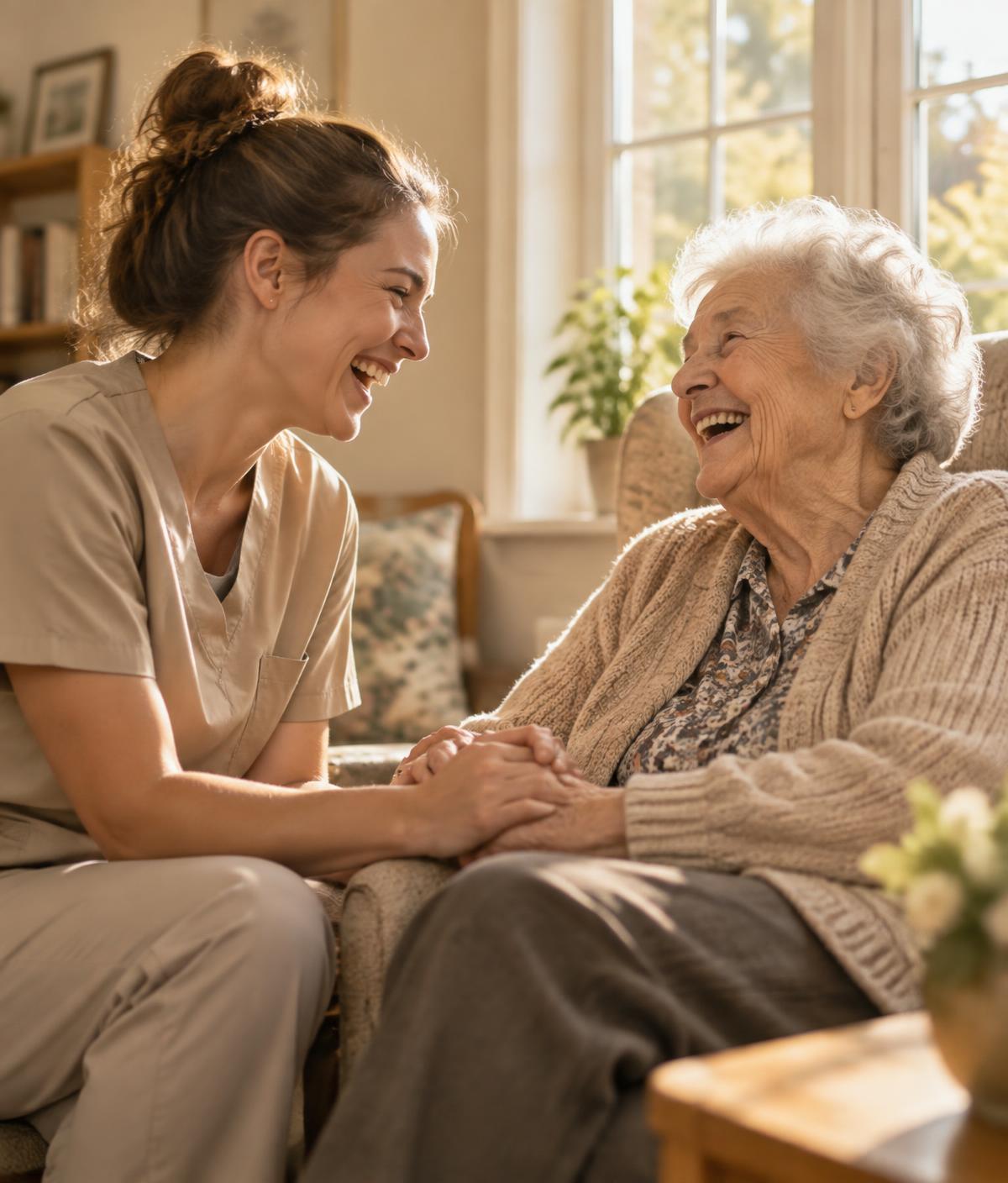 A caregiver laughing with a resident in a sunlit living room