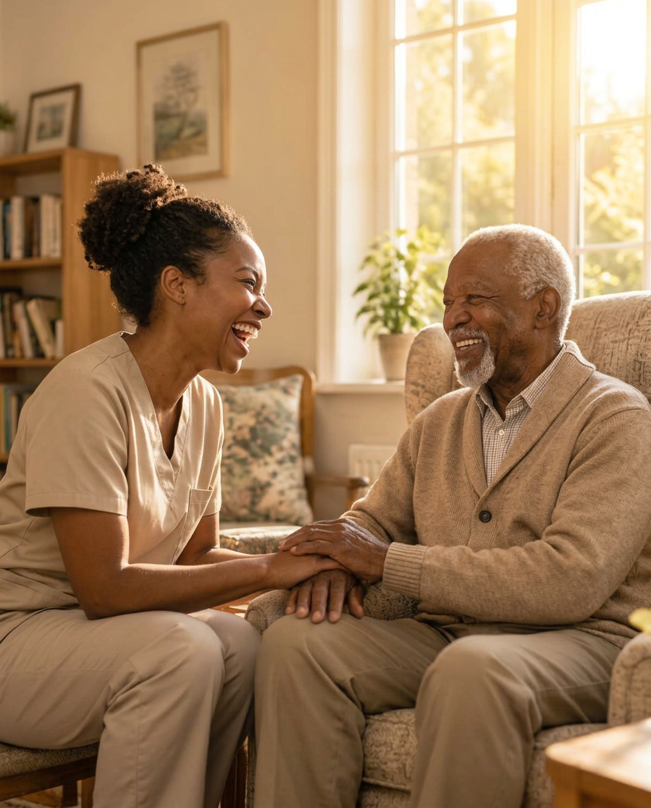 A caregiver laughing with a resident in a sunlit living room
